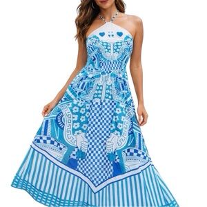 Celina Moon Queen of Hearts Halter Maxi Dress Blue White Size Medium